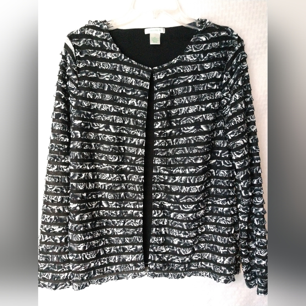 Laura Ashley Open Front Blazer Top Knit Black White Ruffle Floral Print Medium